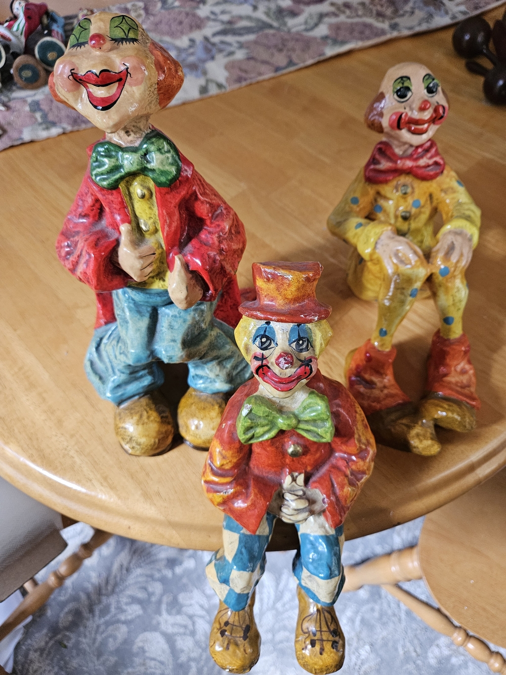 Vintage Paper Mache Set Of 3 Clowns. Signed And Dated.